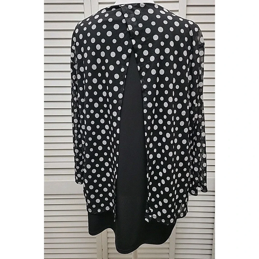 Chicos Sz 3 Lg Women's Black  & White Polka Dot Sheer Over Black Layered Blouse - Picture 5 of 8